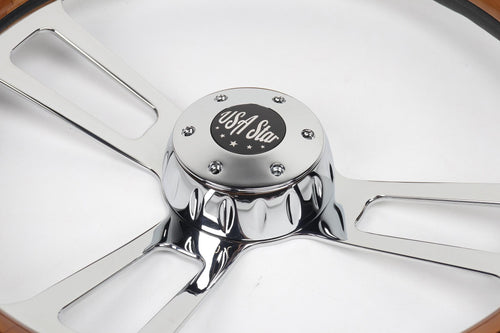 18” Steering Wheel Real Wood  Chrome 3-Spoke w/Slot Cut Outs Chrome Horn Button -Logo