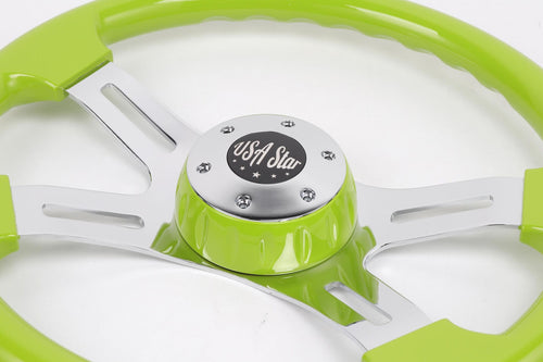 16" Steering Wheel Green Chrome 4-Spoke w/ Slot Cut Outs Chrome Horn Button - Logo