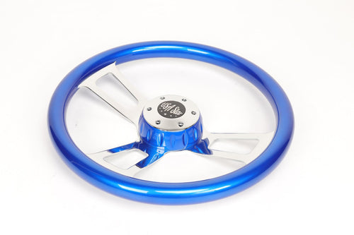 18” Steering Wheel Blue Chrome 3-Spoke w/ Slot Cut Outs Chrome Horn Button Logo