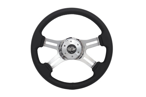 18” Steering Wheel Black Chrome 4-Spoke w/ Slot Cut Outs Chrome Horn Button Logo