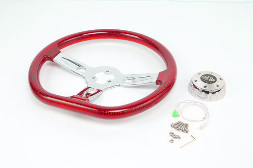 18” Steering Wheel Transparent Red Chrome 3-Spoke Chrome Horn Button -Logo