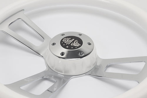 18” Steering Wheel White Chrome 3-Spoke w/ Slot Cut Outs Chrome Horn Button Logo