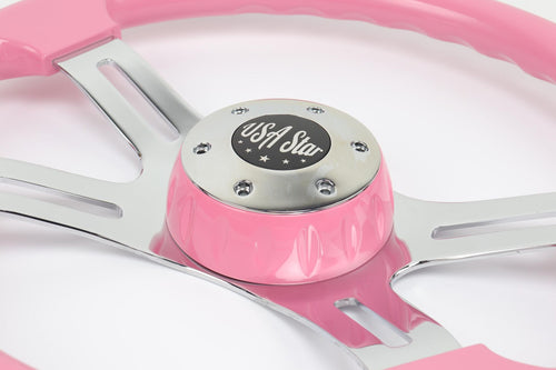 16" Steering Wheel Pink Chrome 4-Spoke w/ Slot Cut Outs Chrome Horn Button - Logo