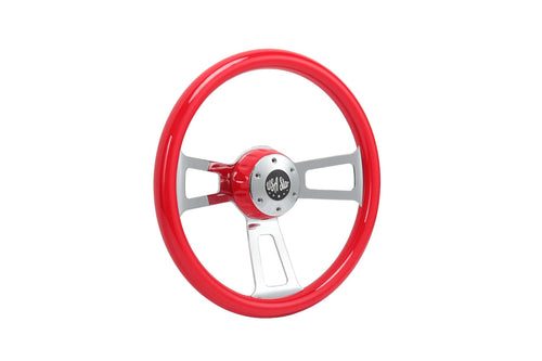 16" Steering Wheel Red Chrome 3-Spoke w/ Slot Cut Outs Chrome Horn Button - Logo