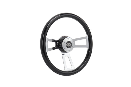 16" Steering Wheel Black Chrome 3-Spoke w/ Slot Cut Outs Chrome Horn Button - Logo