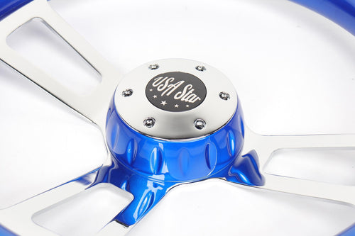 18” Steering Wheel Blue Chrome 3-Spoke w/ Slot Cut Outs Chrome Horn Button Logo