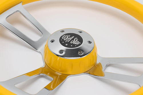 16" Steering Wheel Yellow Chrome 3-Spoke w/ Slot Cut Outs Chrome Horn Button - Logo