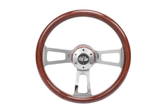 16" Steering Wheel Wood Chrome 3-Spoke w/ Slot Cut Outs Chrome Horn Button - Logo