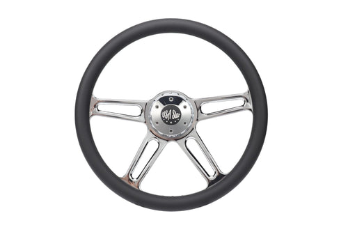 18” Steering Wheel Microfiber Chrome 4-Spoke w/ Slot Cut Outs Chrome Horn Button - Logo