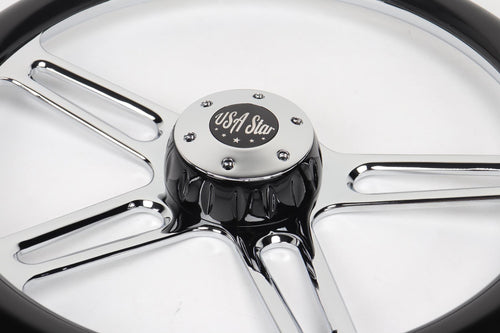 18” Steering Wheel Black Chrome 4-Spoke w/ Slot Cut Outs Chrome Horn Button - Logo