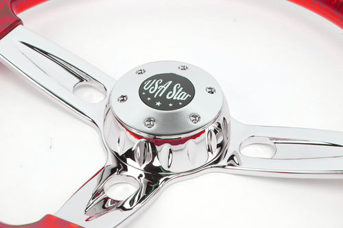 18” Steering Wheel Transparent Red Chrome 3-Spoke Chrome Horn Button -Logo