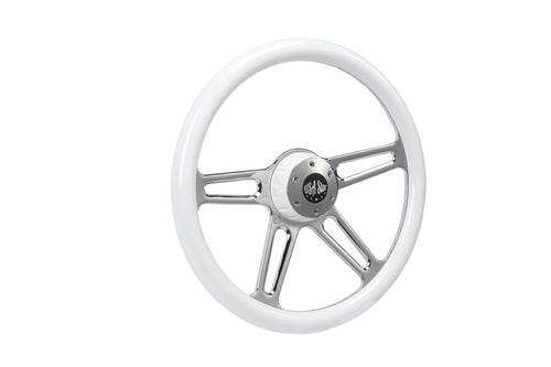 18” Steering Wheel WHITE Chrome 4-Spoke w/ Slot Cut Outs Chrome Horn Button - Logo