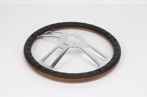 18” Steering Wheel Real Wood  Chrome 3-Spoke w/Slot Cut Outs Chrome Horn Button -Logo