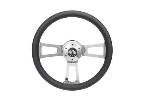 16" Steering Wheel Microfiber Chrome 3-Spoke w/ Slot Cut Outs Chrome Horn Button - Logo