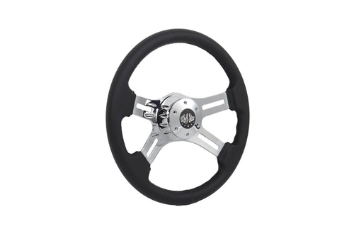 16" Steering Wheel Black Microfiber Chrome 4-Spoke w/ Slot Cut Outs Chrome Horn Button - Logo