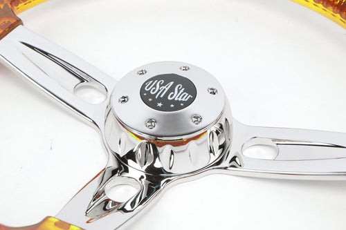 18” Steering Wheel Trasparent Yellow Chrome 3-Spoke Chrome Horn Bu