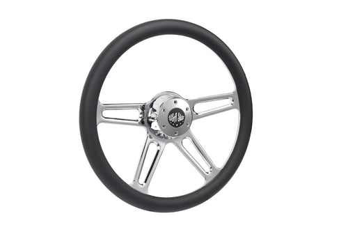 18” Steering Wheel Microfiber Chrome 4-Spoke w/ Slot Cut Outs Chrome Horn Button - Logo