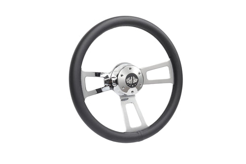 16" Steering Wheel Microfiber Chrome 3-Spoke w/ Slot Cut Outs Chrome Horn Button - Logo