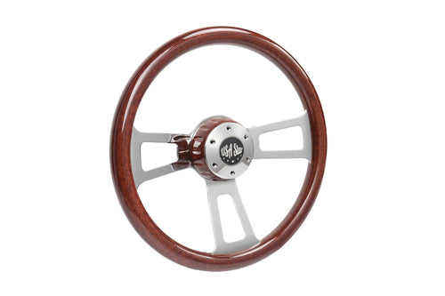 16" Steering Wheel Wood Chrome 3-Spoke w/ Slot Cut Outs Chrome Horn Button - Logo