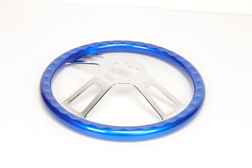 18” Steering Wheel Blue Chrome 3-Spoke w/ Slot Cut Outs Chrome Horn Button Logo