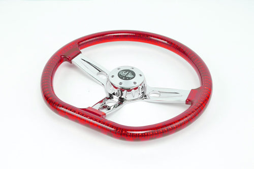 18” Steering Wheel Transparent Red Chrome 3-Spoke Chrome Horn Button -Logo