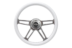 18” Steering Wheel WHITE Chrome 4-Spoke w/ Slot Cut Outs Chrome Horn Button - Logo