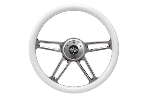 18” Steering Wheel WHITE Chrome 4-Spoke w/ Slot Cut Outs Chrome Horn Button - Logo