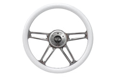 18” Steering Wheel WHITE Chrome 4-Spoke w/ Slot Cut Outs Chrome Horn Button - Logo