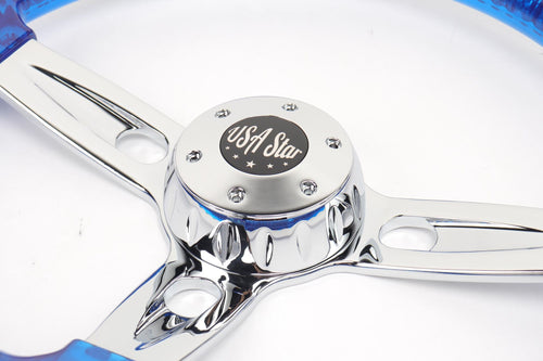 18” Steering Wheel Transparent Blue Chrome 3-Spoke Chrome Horn Butt