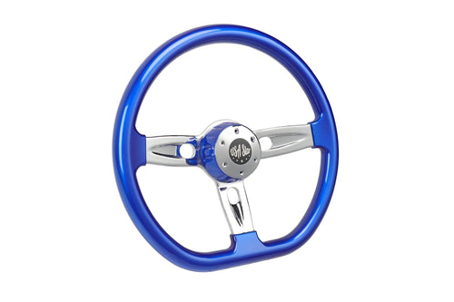 18” Steering Wheel Blue Chrome 3-Spoke Chrome Horn Button -Logo