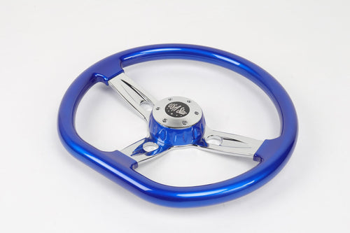 18” Steering Wheel Blue Chrome 3-Spoke Chrome Horn Button -Logo