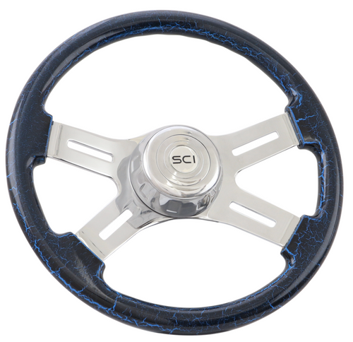 16" Classic Blue Crackle - 16" Painted Wood Rim, Chrome 4-Spoke w/Slot Cut Outs, Chrome Bezel, Chrome Horn Button - SCI Logo