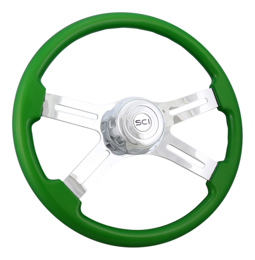 18" Painted Wood Rim, Chrome 4-Spoke w/ Slot Cut Outs, Chrome Bezel, Chrome Horn Button - Logo