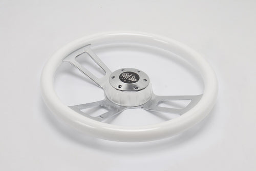 18” Steering Wheel White Chrome 3-Spoke w/ Slot Cut Outs Chrome Horn Button Logo