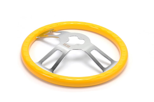 16" Steering Wheel Yellow Chrome 3-Spoke w/ Slot Cut Outs Chrome Horn Button - Logo