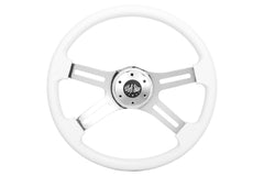 18” Steering Wheel White Chrome 4-Spoke w/ Slot Cut Outs Chrome Horn Button Logo