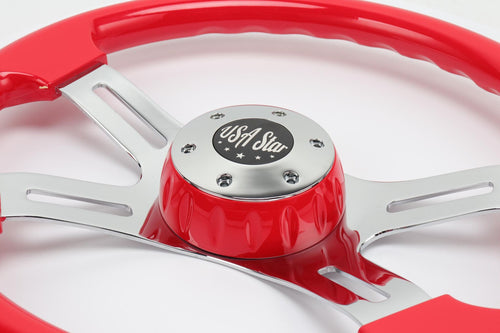 16" Steering Wheel Red Chrome 4-Spoke w/ Slot Cut Outs Chrome Horn Button - Logo