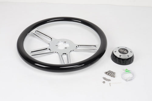 18” Steering Wheel Black Chrome 4-Spoke w/ Slot Cut Outs Chrome Horn Button - Logo