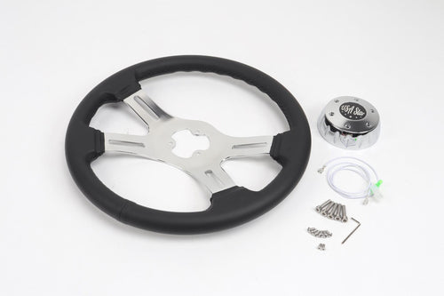 18” Steering Wheel Black Chrome 4-Spoke w/ Slot Cut Outs Chrome Horn Button Logo