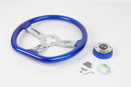 18” Steering Wheel Blue Chrome 3-Spoke Chrome Horn Button -Logo