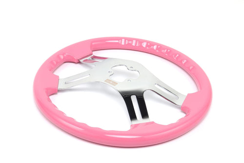 16" Steering Wheel Pink Chrome 4-Spoke w/ Slot Cut Outs Chrome Horn Button - Logo