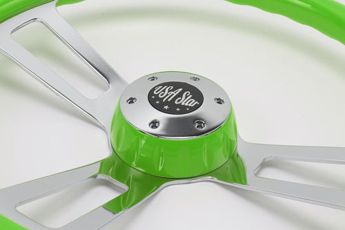 18" Steering Wheel Green Chrome 3-Spoke w/ Slot Cut Outs Chrome Horn Button Logo