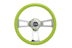 18" Steering Wheel Green Chrome 3-Spoke w/ Slot Cut Outs Chrome Horn Button Logo