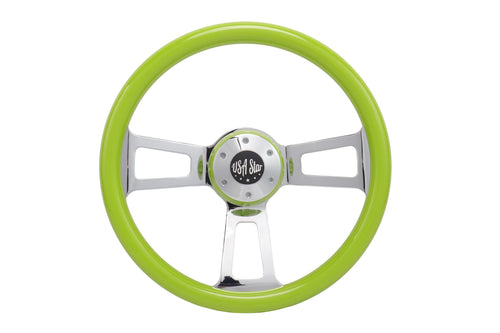 18" Steering Wheel Green Chrome 3-Spoke w/ Slot Cut Outs Chrome Horn Button Logo