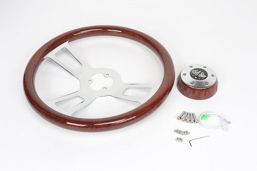 16" Steering Wheel Wood Chrome 3-Spoke w/ Slot Cut Outs Chrome Horn Button - Logo