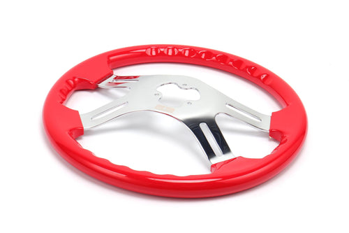 18” Steering Wheel Red Chrome 4-Spoke w/ Slot Cut Outs Chrome Horn Button Logo