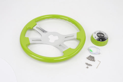 16" Steering Wheel Green Chrome 4-Spoke w/ Slot Cut Outs Chrome Horn Button - Logo