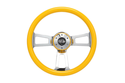16" Steering Wheel Yellow Chrome 3-Spoke w/ Slot Cut Outs Chrome Horn Button - Logo