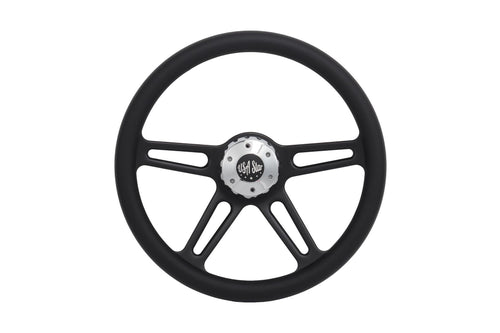 18” Steering Wheel Microfiber Black 4-Spoke w/ Slot Cut Outs Horn Button - Logo