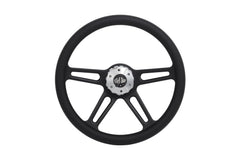 18” Steering Wheel Microfiber Black 4-Spoke w/ Slot Cut Outs Horn Button - Logo